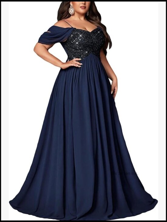 Dresses & Skirts - Plus Size Sequin A-Line Maxi Dress with Spaghetti Straps Formal Prom Wedding